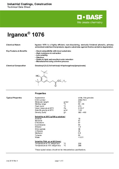 The terms of this Safety Data Sheet (SDS) do not create or infer any. . Irganox 1076 msds
